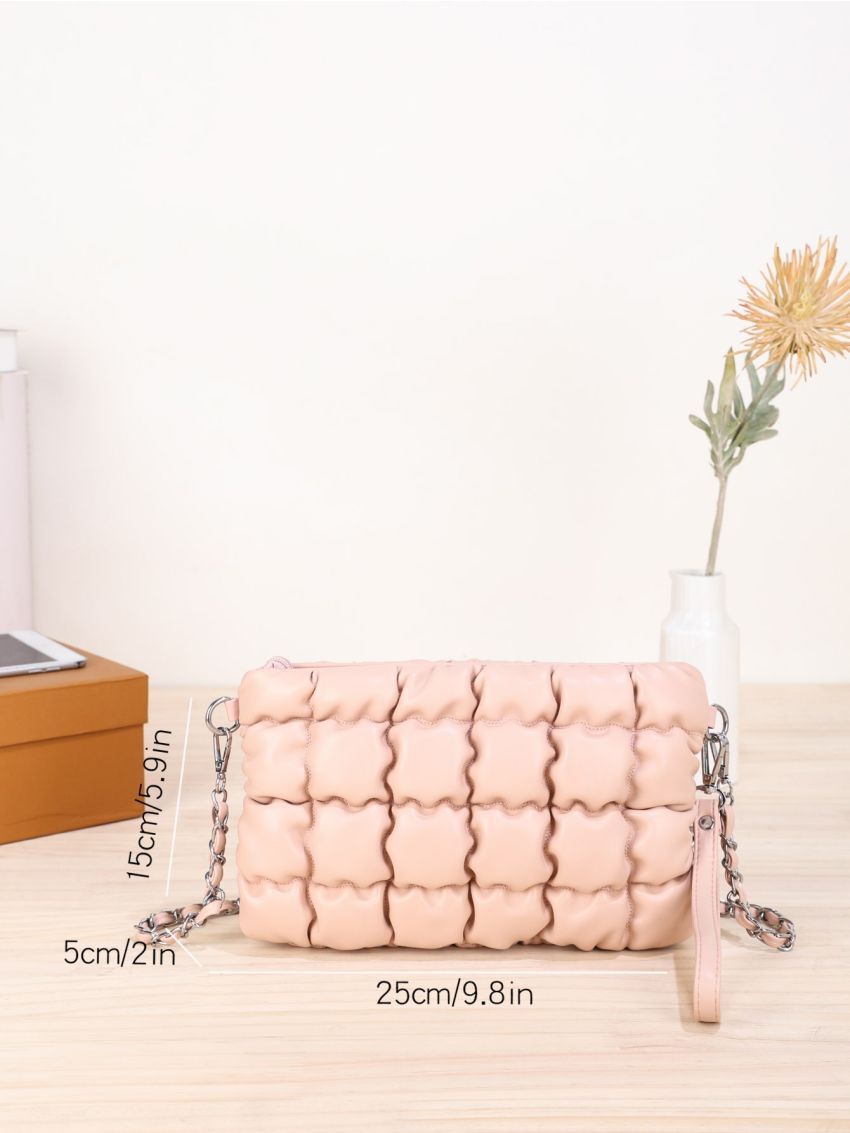 Quilted Square Bag Baby Pink Fashionable Chain Strap For Daily