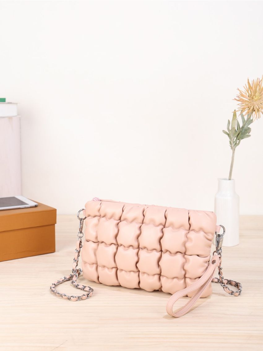 Quilted Square Bag Baby Pink Fashionable Chain Strap For Daily