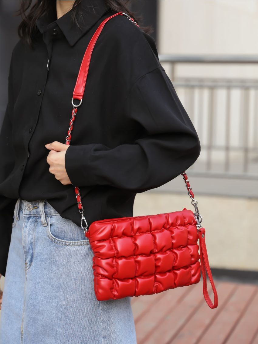Quilted Square Bag Red Fashionable Chain Strap