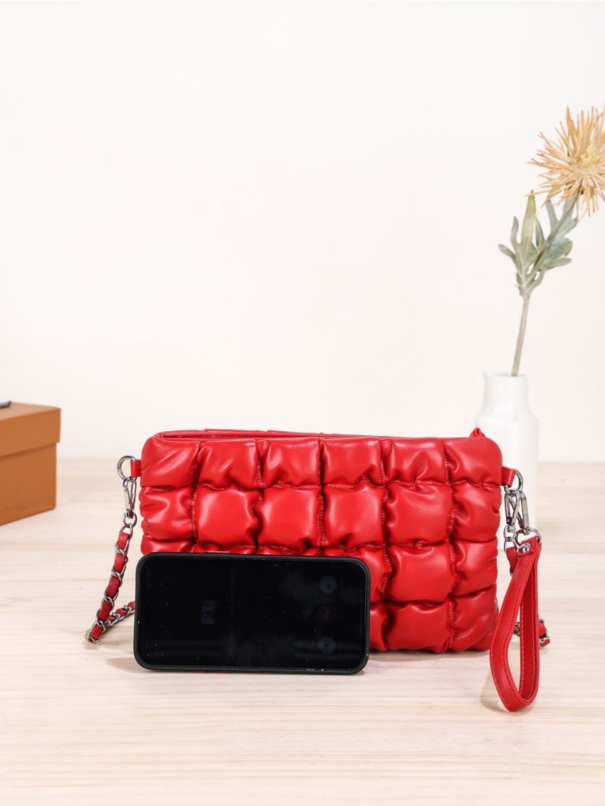 Quilted Square Bag Red Fashionable Chain Strap
