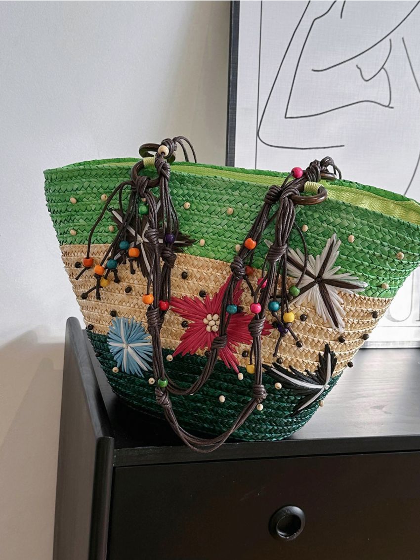 Star Pattern Straw Bag Colorblock Double Handle For Vacation