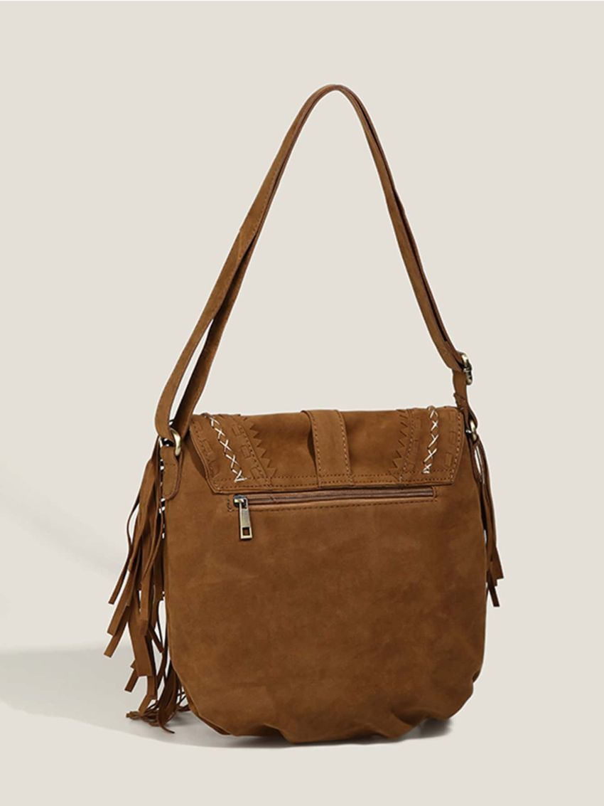 Stitch Detail Saddle Bag Buckle & Fringe Decor Flap For Vacation