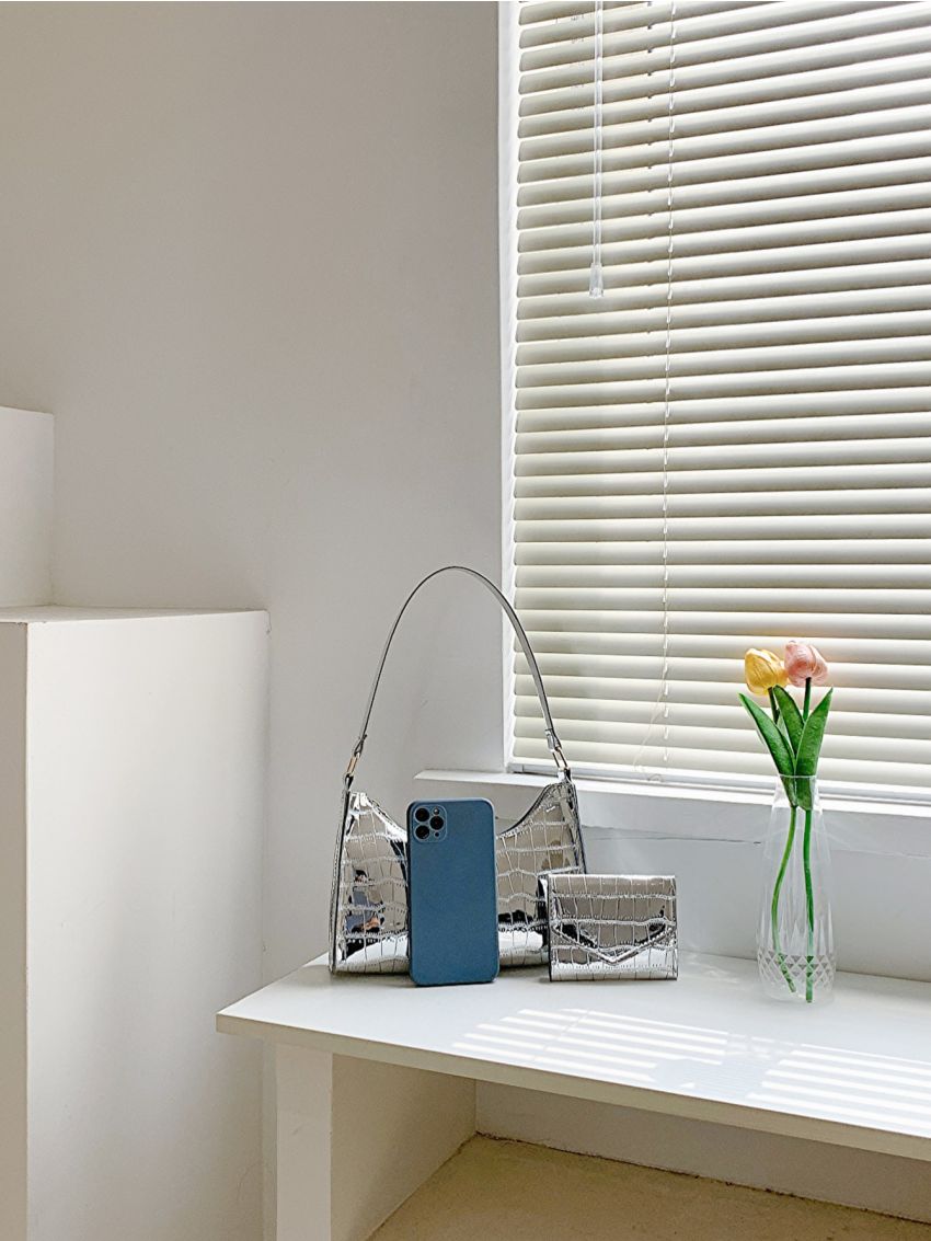 Crocodile Embossed Baguette Bag Metallic Funky With Small Wallet