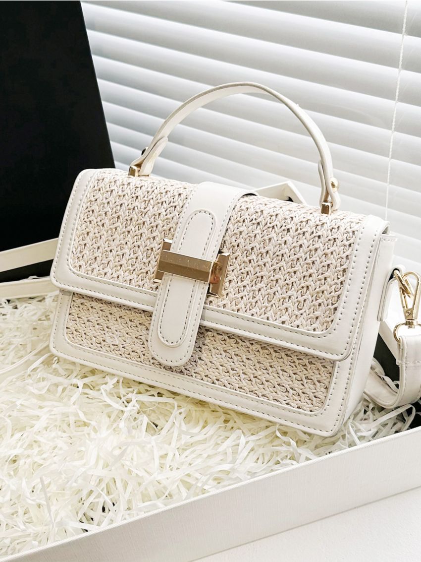 Small Straw Bag Metal Decor Top Handle For Vacation