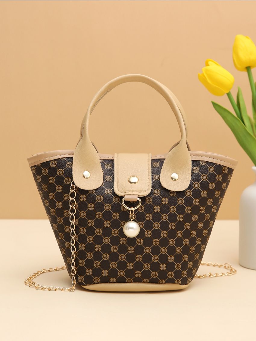Small Bucket Bag Geometric Pattern Faux Pearl Decor Chain PU For Daily Life