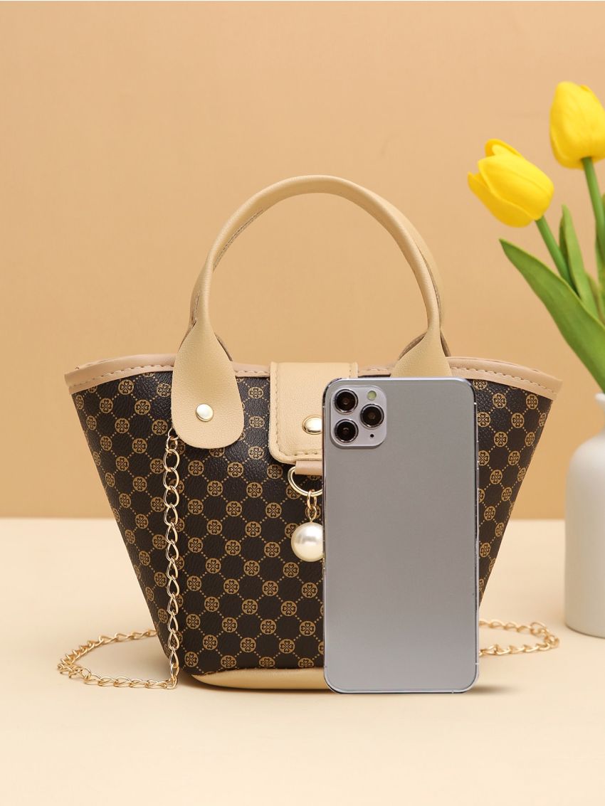 Small Bucket Bag Geometric Pattern Faux Pearl Decor Chain PU For Daily Life