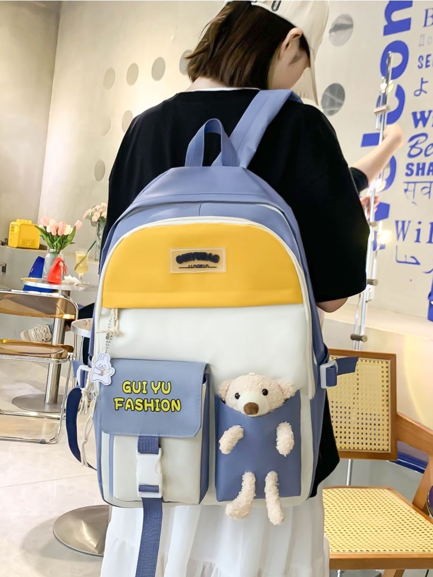 4pcs Bag Set Classic Backpack Shoulder Clutch Bucket Bag Bear Decor With Bag Charm Preppy For School
