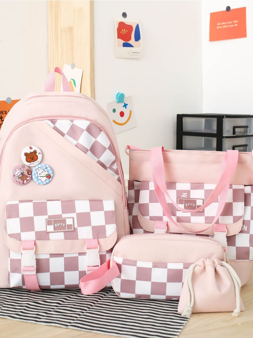 4pcs Bag Set Classic Backpack Shoulder Clutch Bucket Bag Checkered Pattern Badge Decor Preppy For School