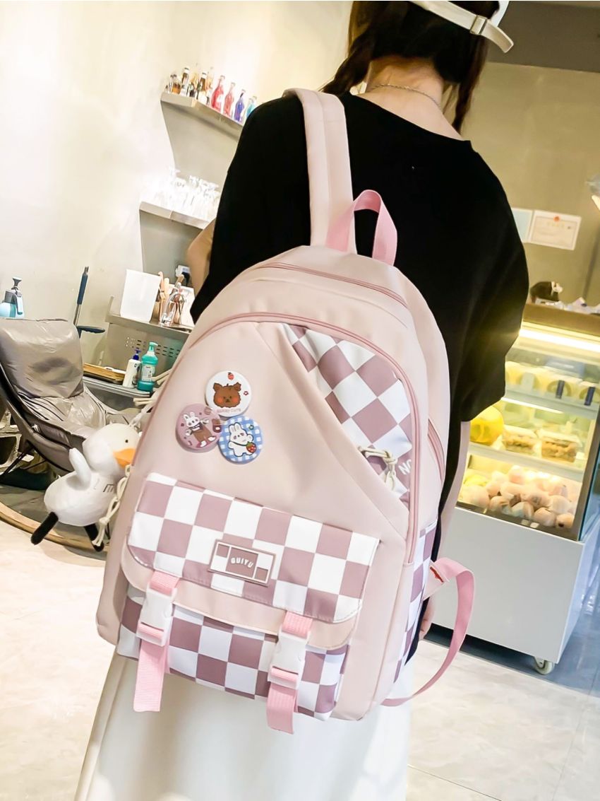 4pcs Bag Set Classic Backpack Shoulder Clutch Bucket Bag Checkered Pattern Badge Decor Preppy For School