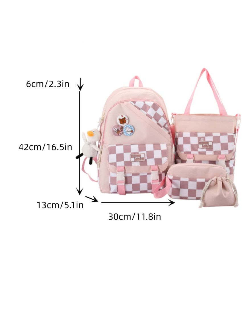 4pcs Bag Set Classic Backpack Shoulder Clutch Bucket Bag Checkered Pattern Badge Decor Preppy For School