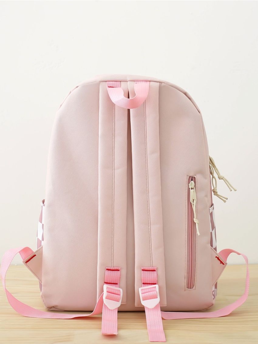 4pcs Bag Set Classic Backpack Shoulder Clutch Bucket Bag Checkered Pattern Badge Decor Preppy For School