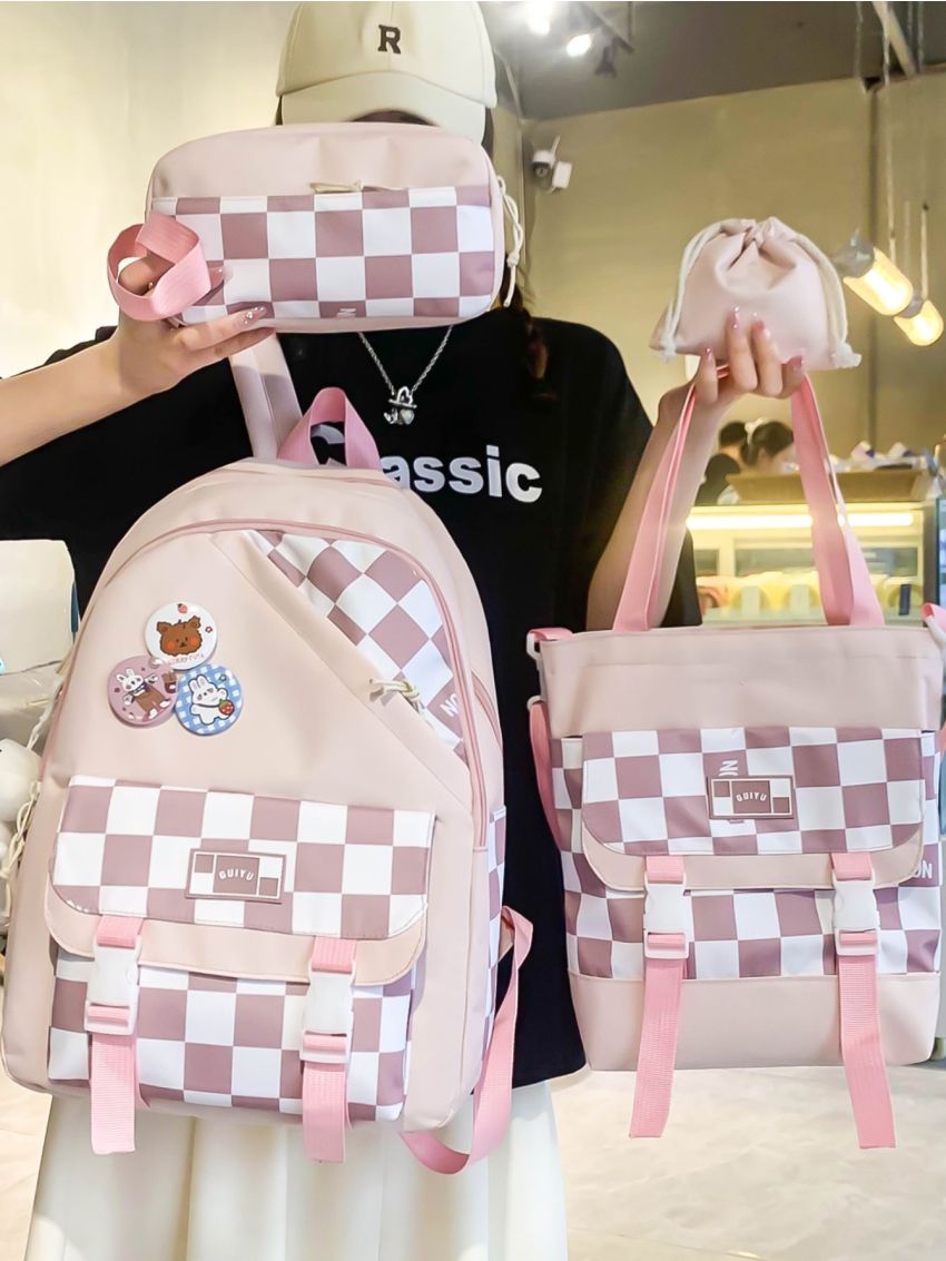 4pcs Bag Set Classic Backpack Shoulder Clutch Bucket Bag Checkered Pattern Badge Decor Preppy For School