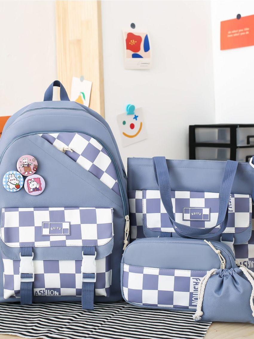 4pcs Bag Set Classic Backpack Shoulder Clutch Bucket Bag Checkered Pattern Badge Decor Preppy For School
