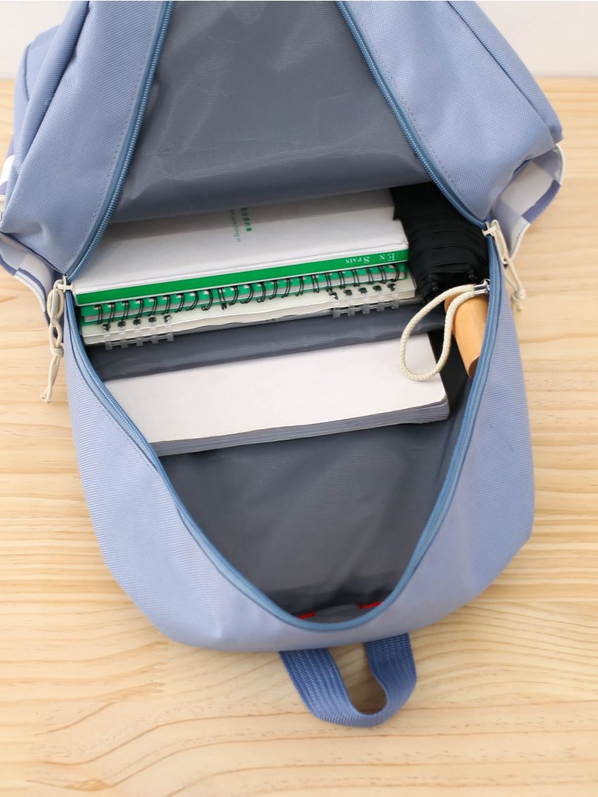 4pcs Bag Set Classic Backpack Shoulder Clutch Bucket Bag Checkered Pattern Badge Decor Preppy For School