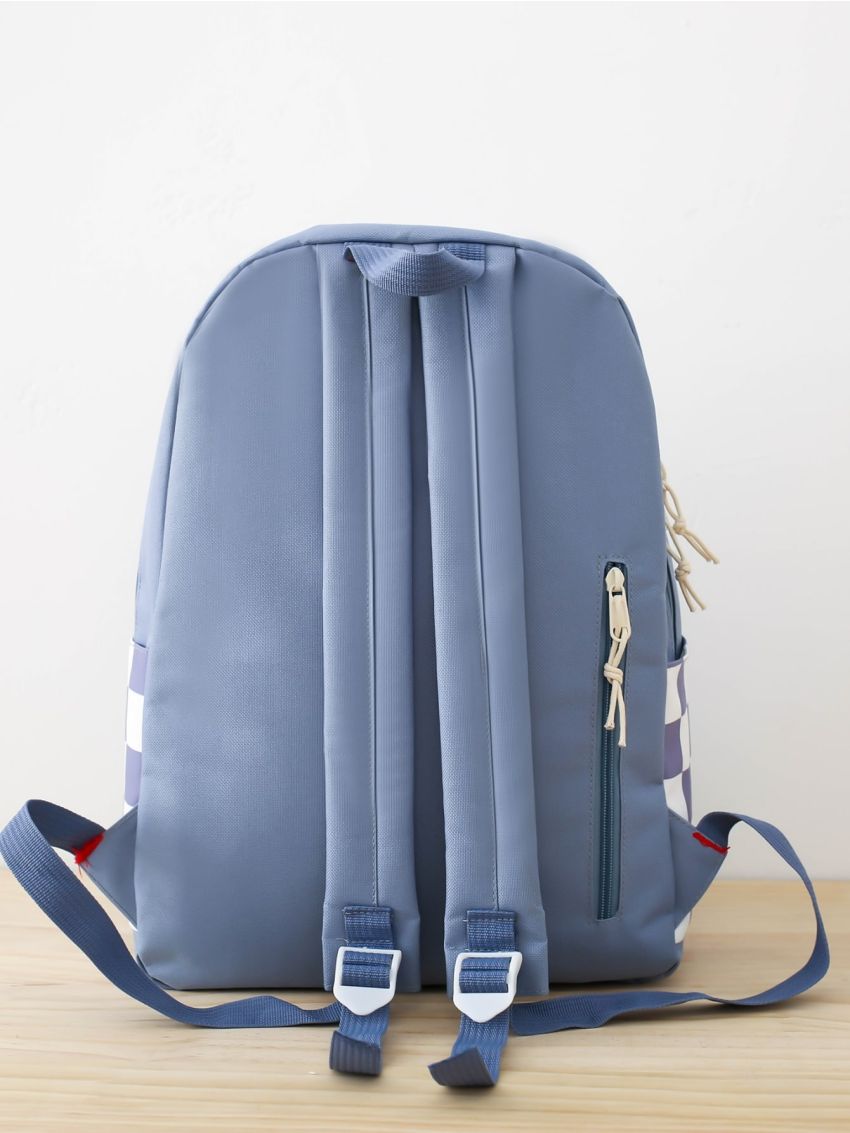 4pcs Bag Set Classic Backpack Shoulder Clutch Bucket Bag Checkered Pattern Badge Decor Preppy For School