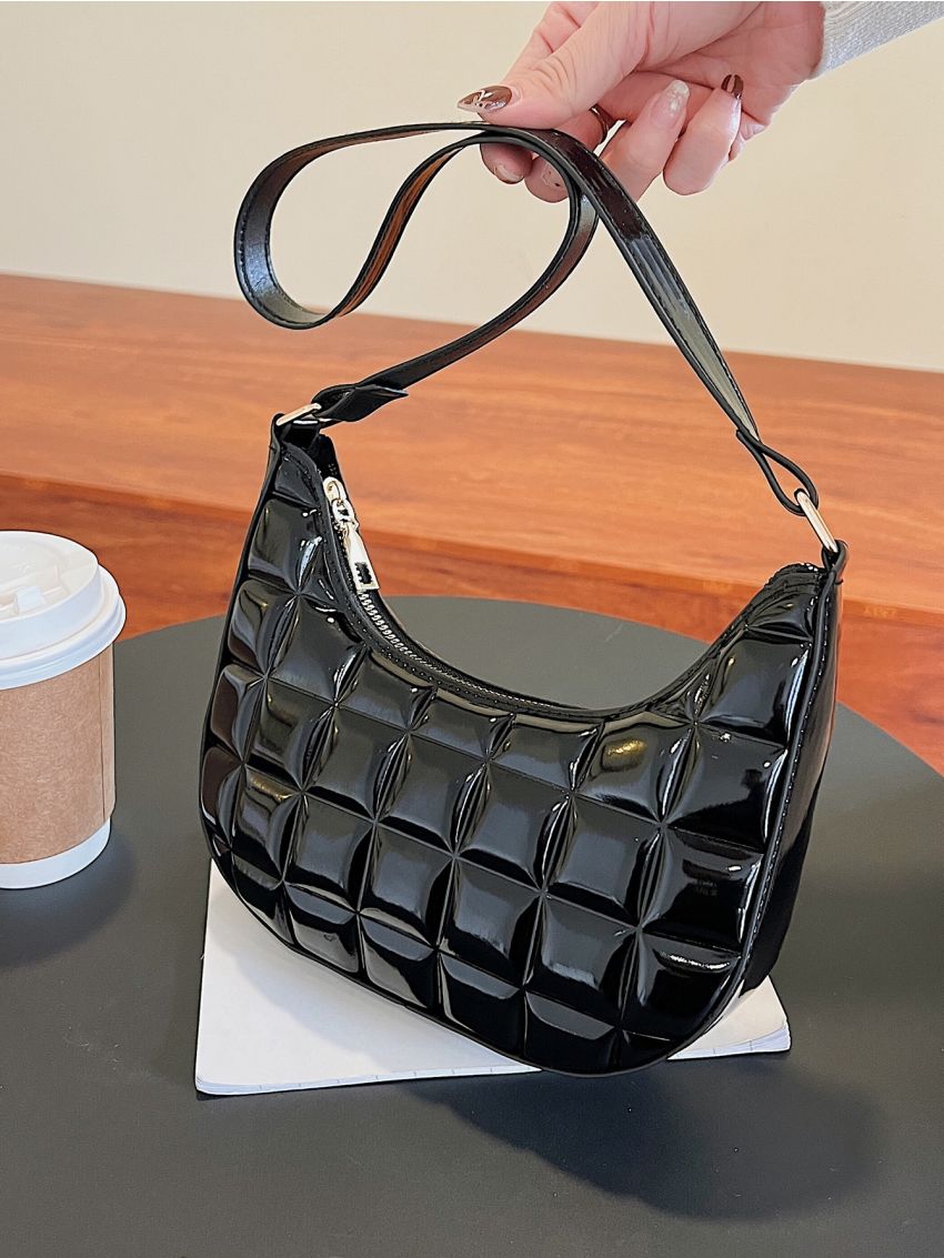 Embossed Detail Hobo Bag PU Black For Daily Life