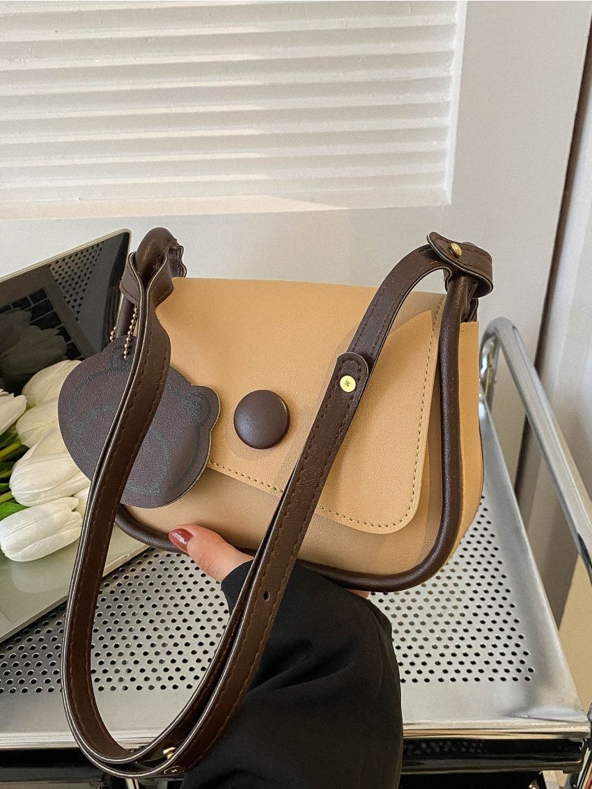 Mini Square Bag Button Decor Flap PU With Bag Charm For Daily Life