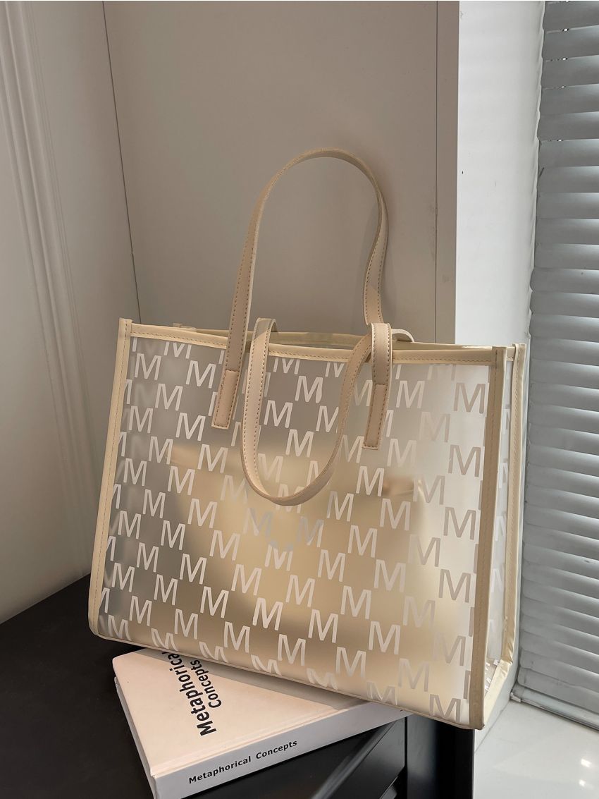 Letter Graphic Beach Bag With Inner Pouch Contrast Binding Plastic For Daily Life