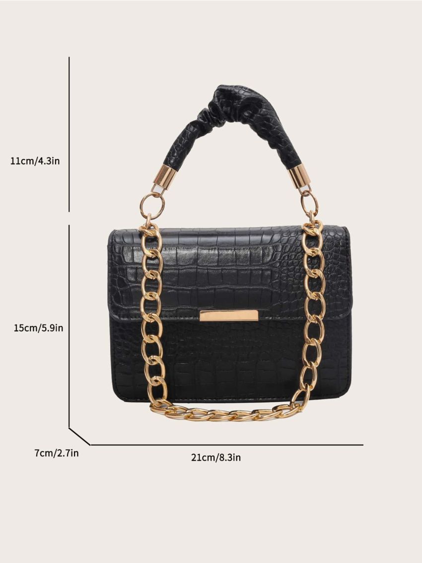 Crocodile Embossed Square Bag Chain Decor Black
