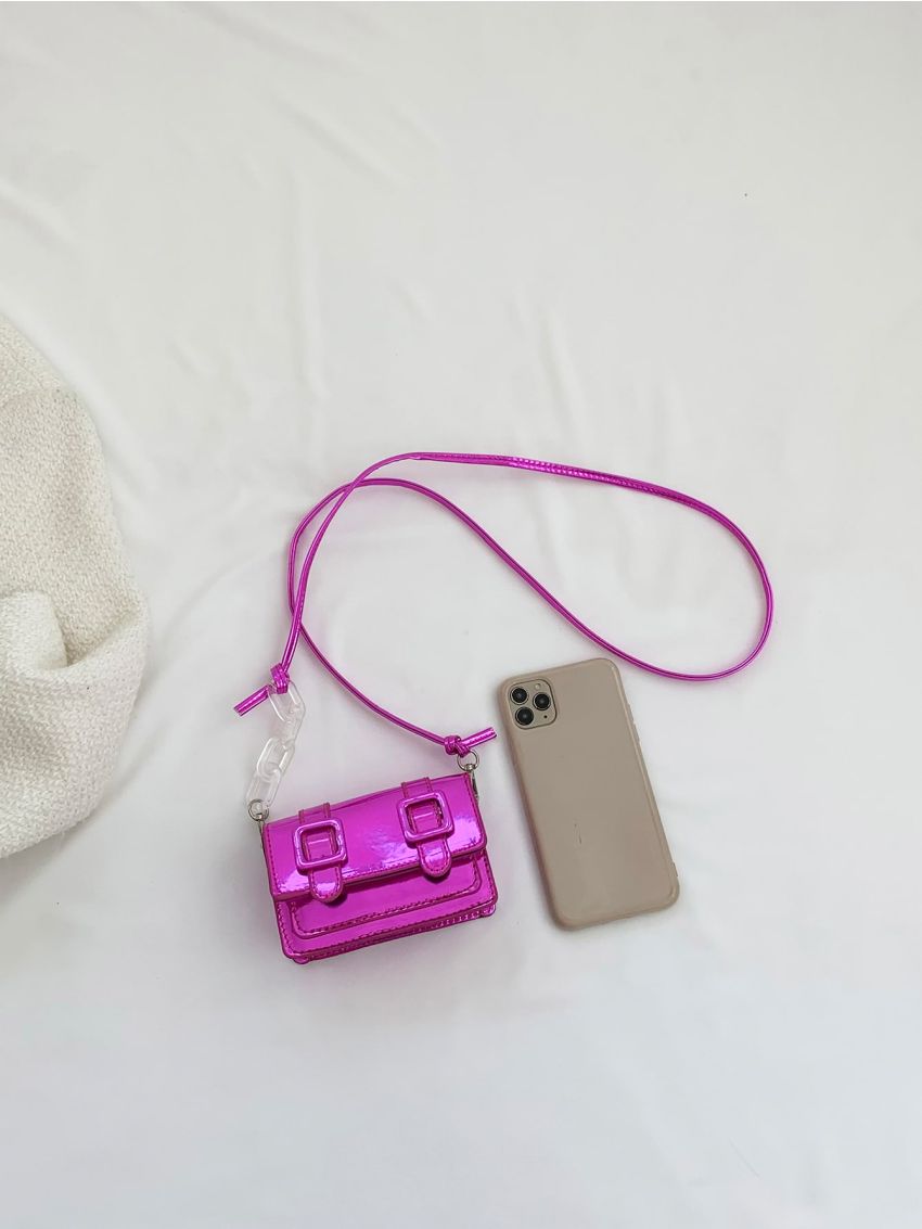 Mini Messenger Bag Buckle Decor Neon Purple PU