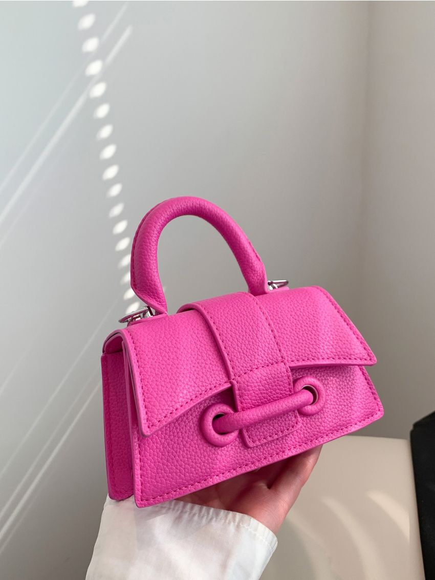Mini Square Bag Litchi Embossed Neon Pink Funky PU For Daily Life