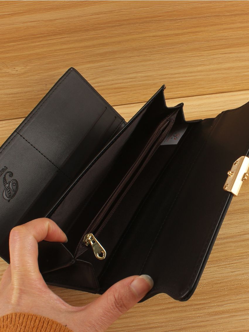 Flower Decor Long Wallet PU Black For Daily Life