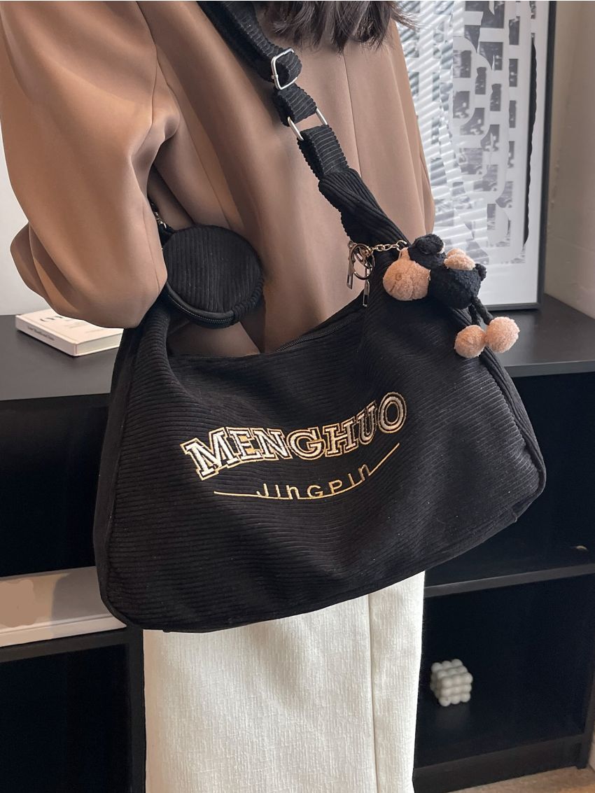 Letter Embroidered Shopper Bag With Bag Charm Polyester For Daily Life