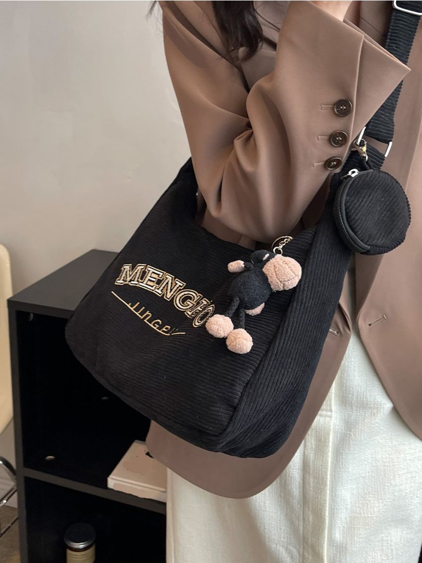 Letter Embroidered Shopper Bag With Bag Charm Polyester For Daily Life