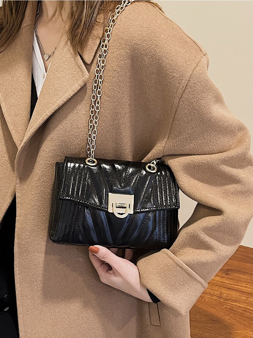 Mini Flap Square Bag Quilted Pattern Turn Lock PU