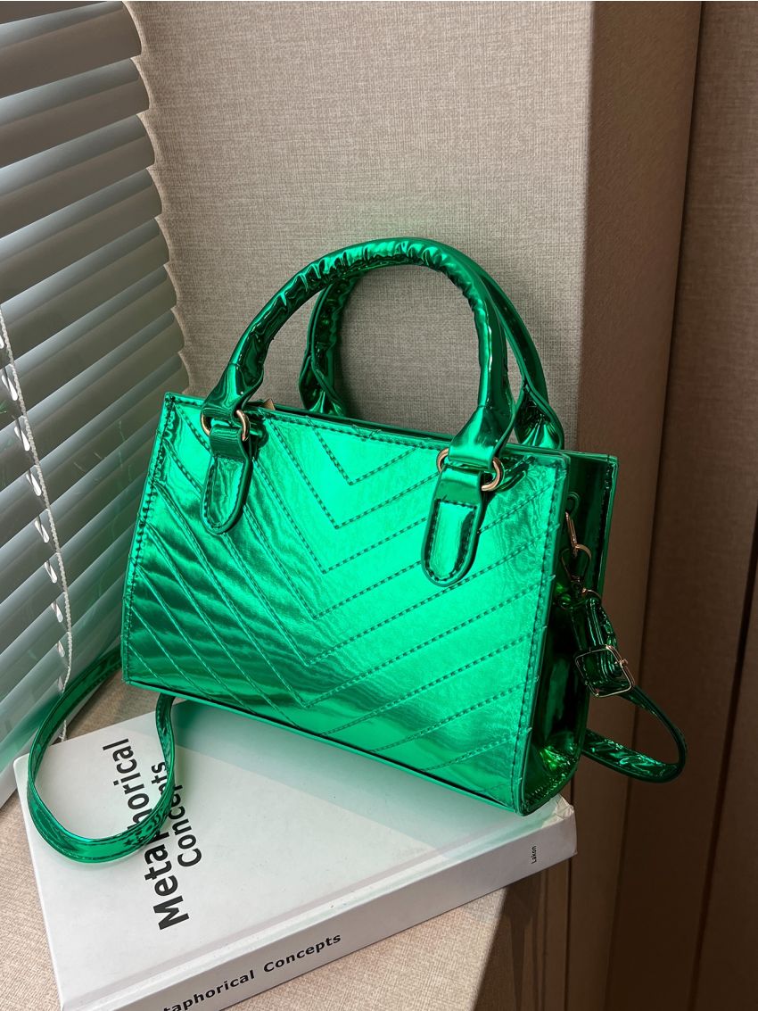 Mini Square Bag Stitch Detail Metallic Green Funky