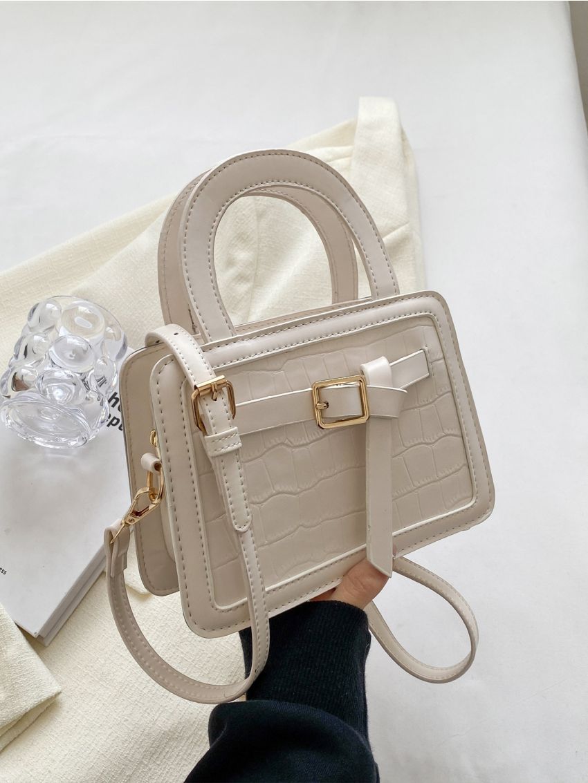 Mini Square Bag Crocodile Embossed Buckle Decor PU