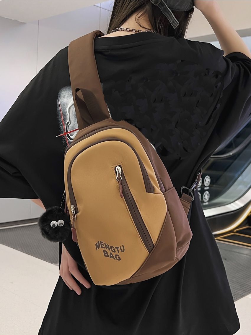 Letter Graphic Sling Bag With Bag Charm Unisex