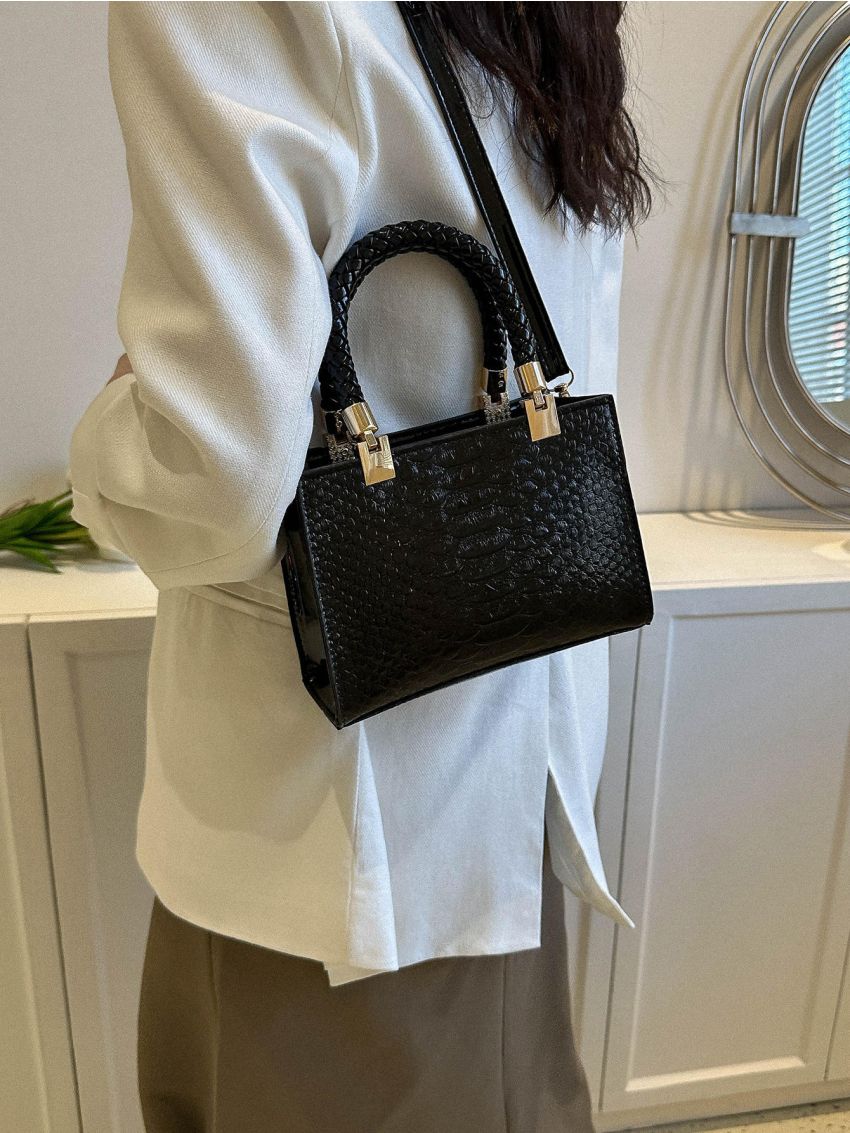 Snakeskin Embossed Square Bag Mini Double Handle Black