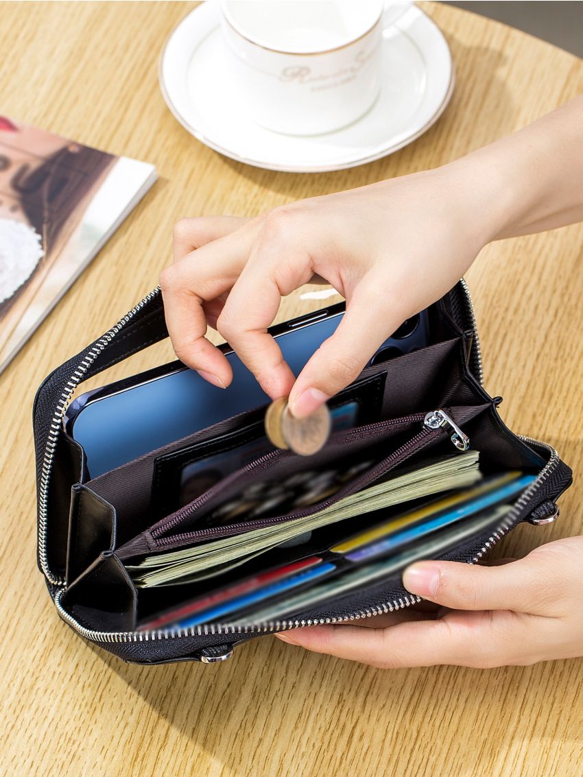 Minimalist Phone Wallet Zipper Genuine Leather Touching Screen Blue Portable