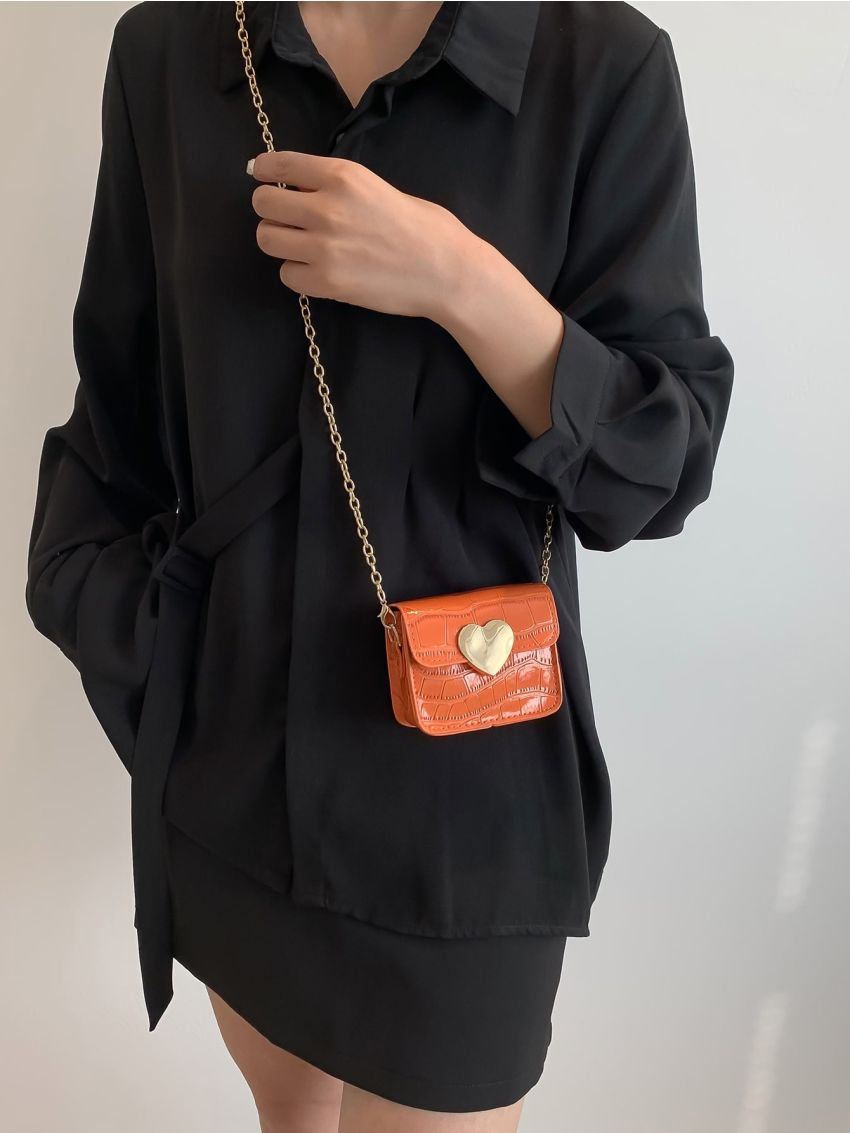 Mini Square Bag Crocodile Embossed PU Neon Orange Funky For Daily Life