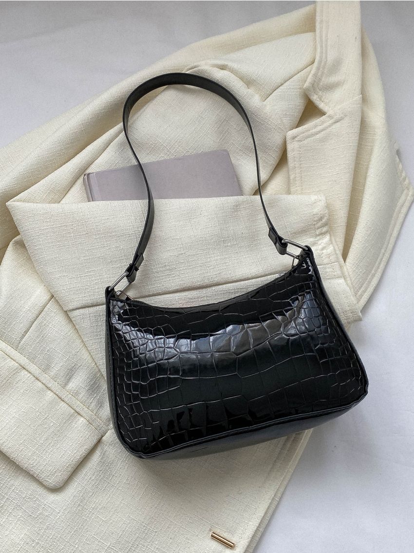 Crocodile Embossed Hobo Bag Chain Decor Black