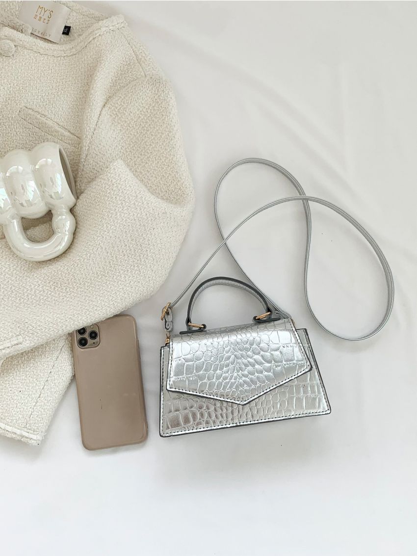 Mini Flap Square Bag Crocodile Embossed Metallic Funky