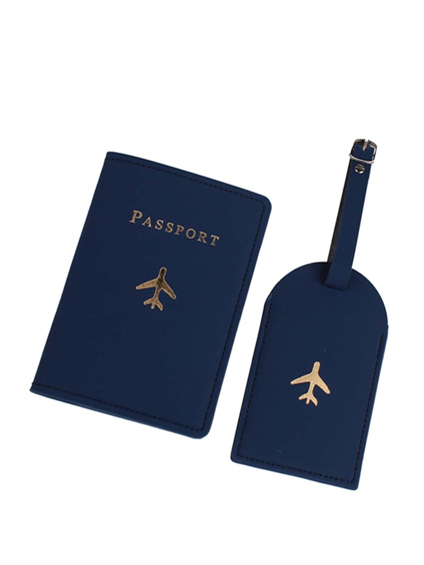 Letter & Airplane Graphic Passport Case With Luggage Tag PU