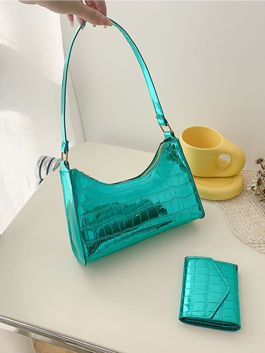 Metallic Baguette Bag Crocodile Embossed With Coin Purse