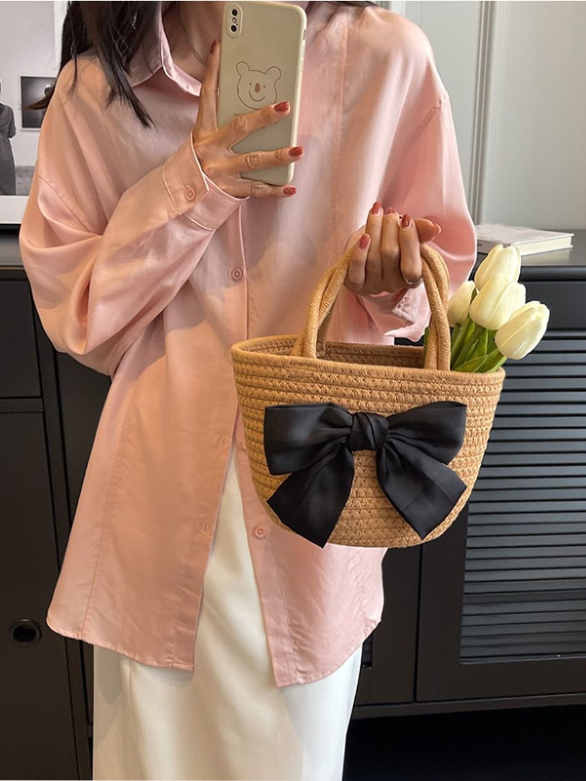 Bow Decor Crochet Bag Double Handle For Vacation