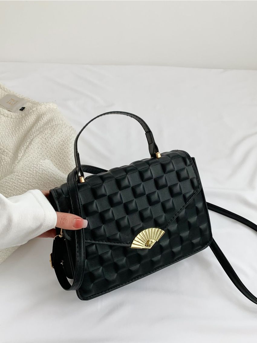 Plaid Pattern Square Bag Flap Black Small