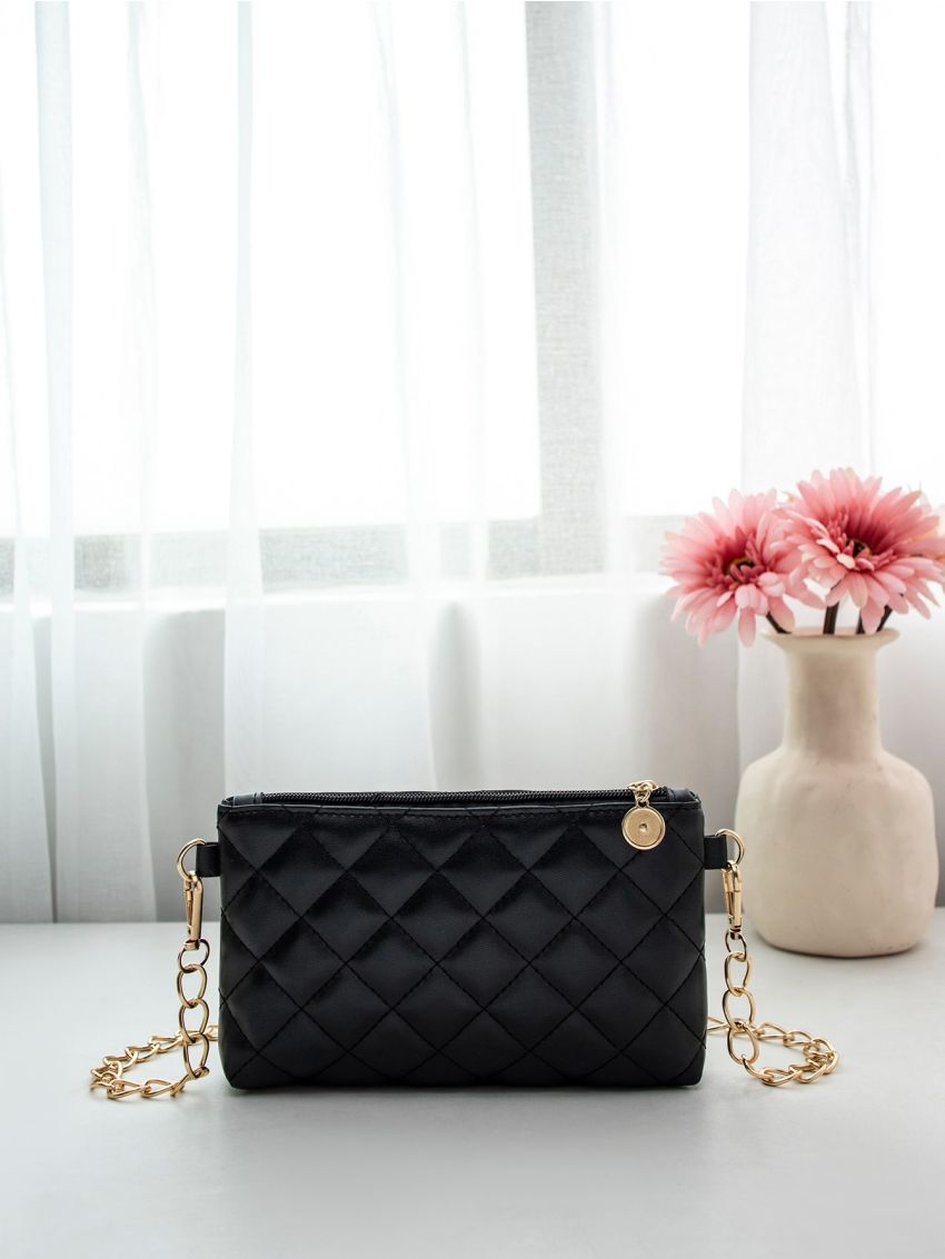 Quilted Square Bag Mini Zipper Black Elegant