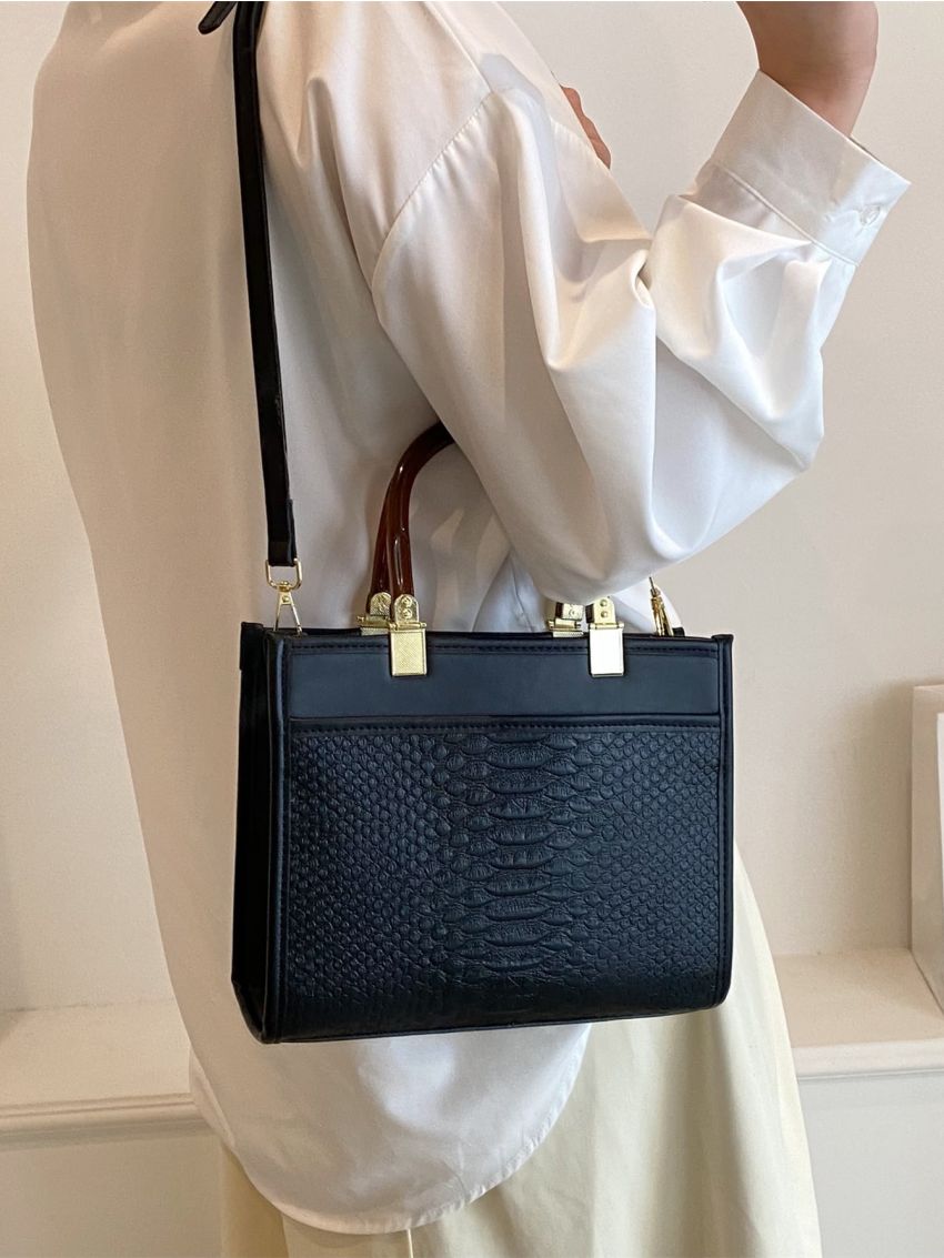 Snakeskin Embossed Square Bag Double Handle Black