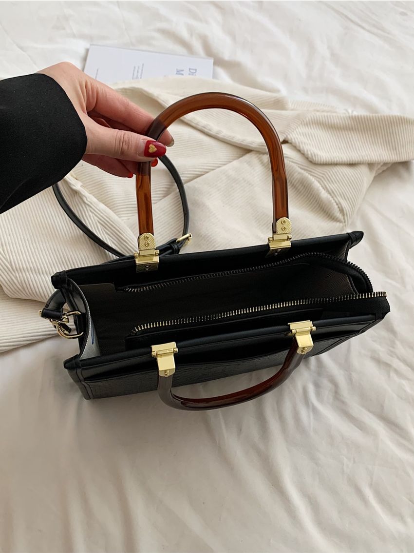 Snakeskin Embossed Square Bag Double Handle Black