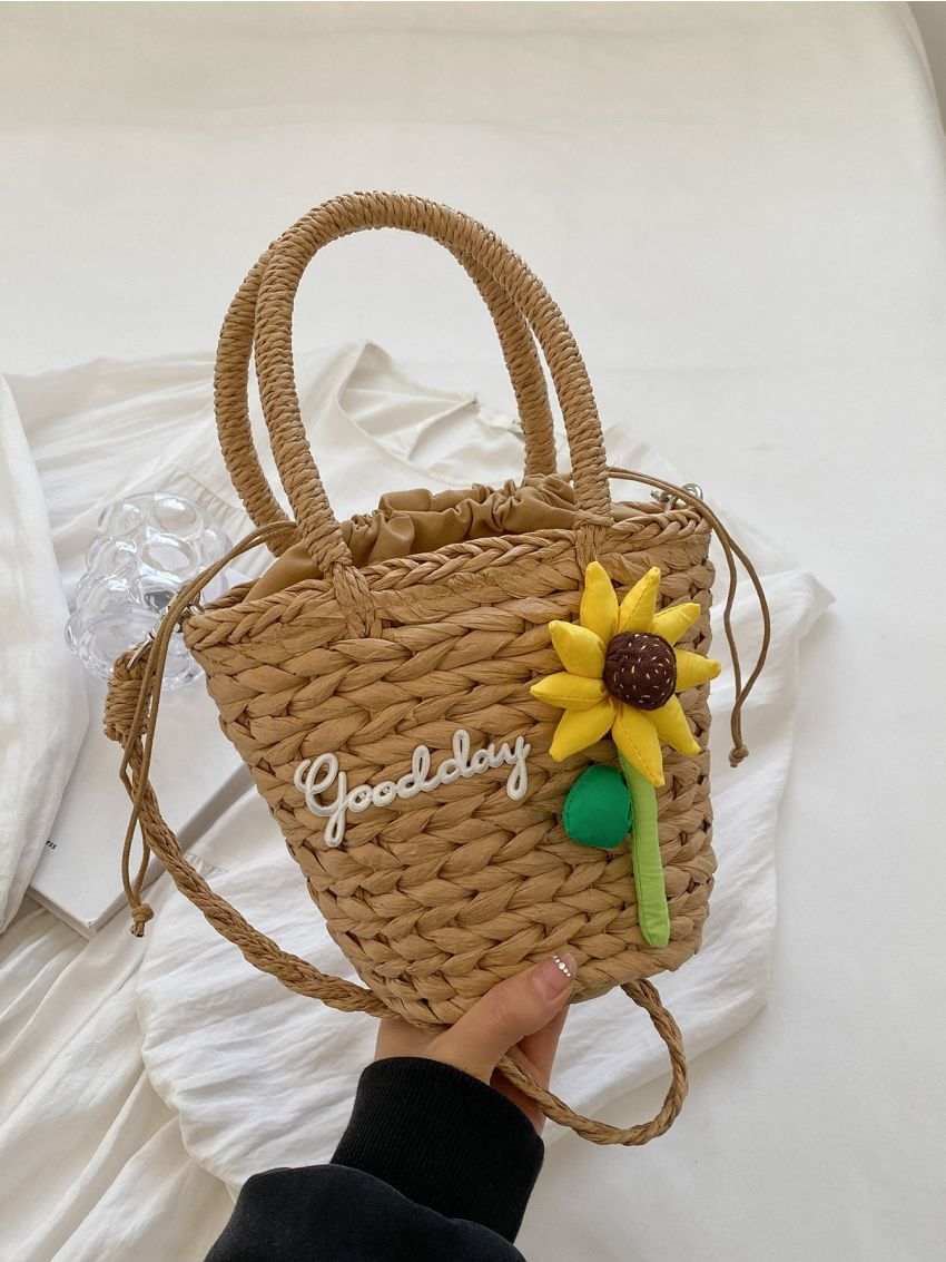 Flower Decor Straw Bag Drawstring Design For Beach