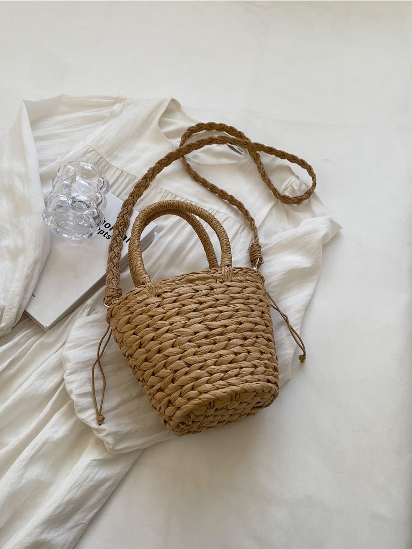 Flower Decor Straw Bag Drawstring Design For Beach