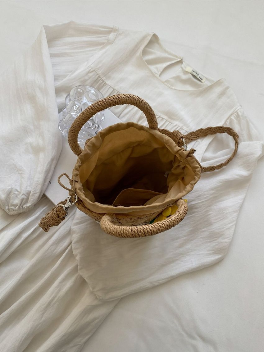 Flower Decor Straw Bag Drawstring Design For Beach