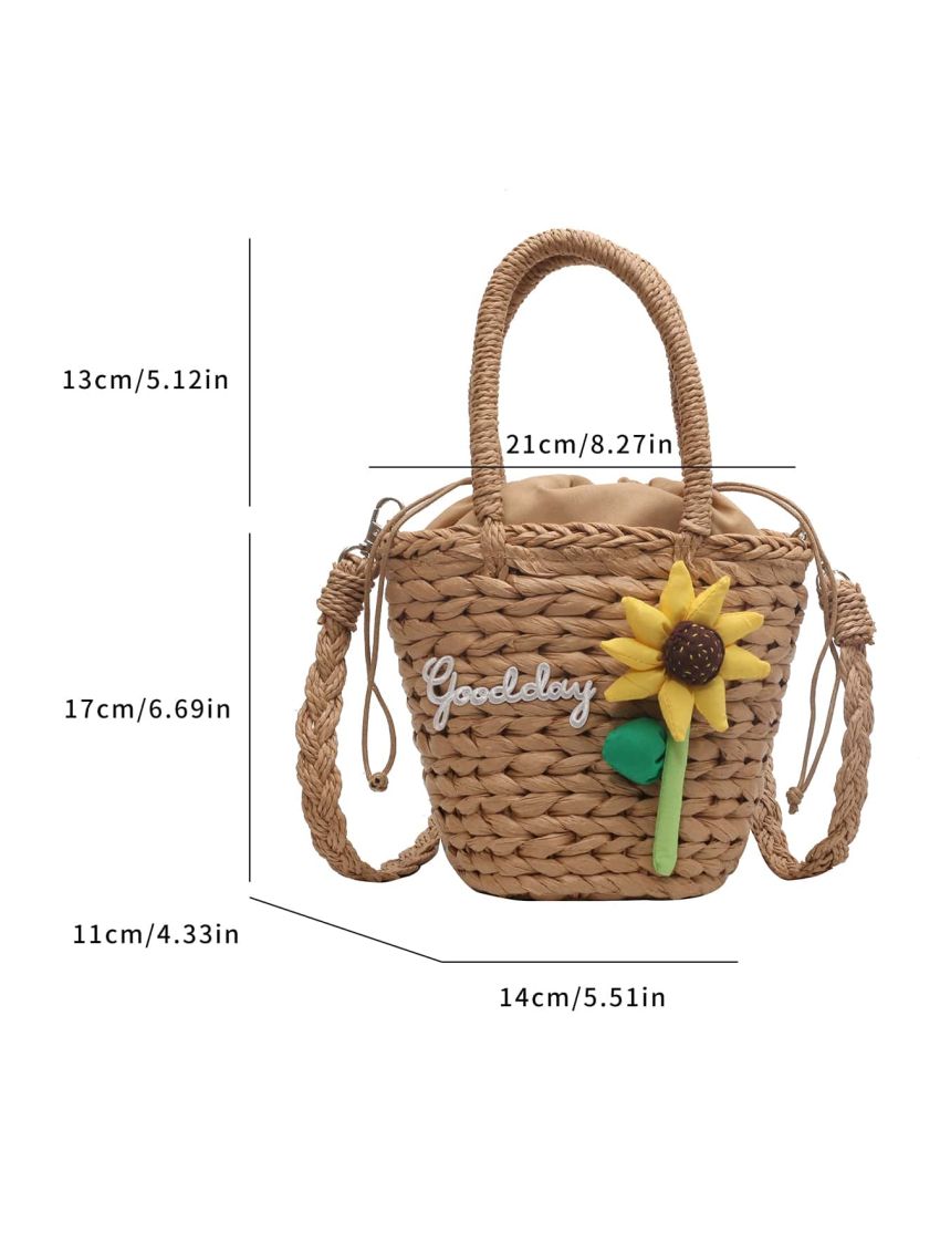 Flower Decor Straw Bag Drawstring Design For Beach
