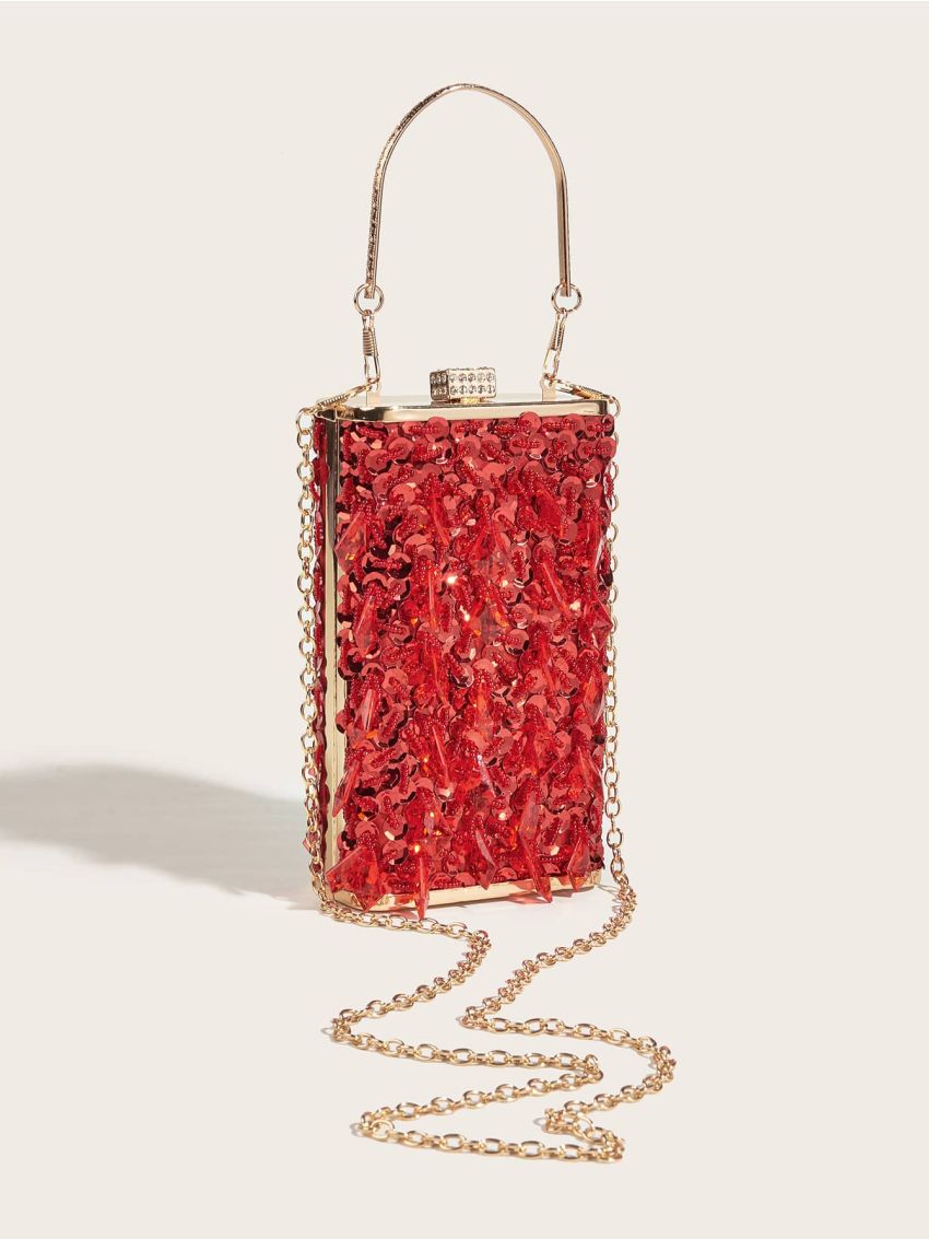 Mini Red Box Bag Sequins Decor Top Handle Glamorous For Party