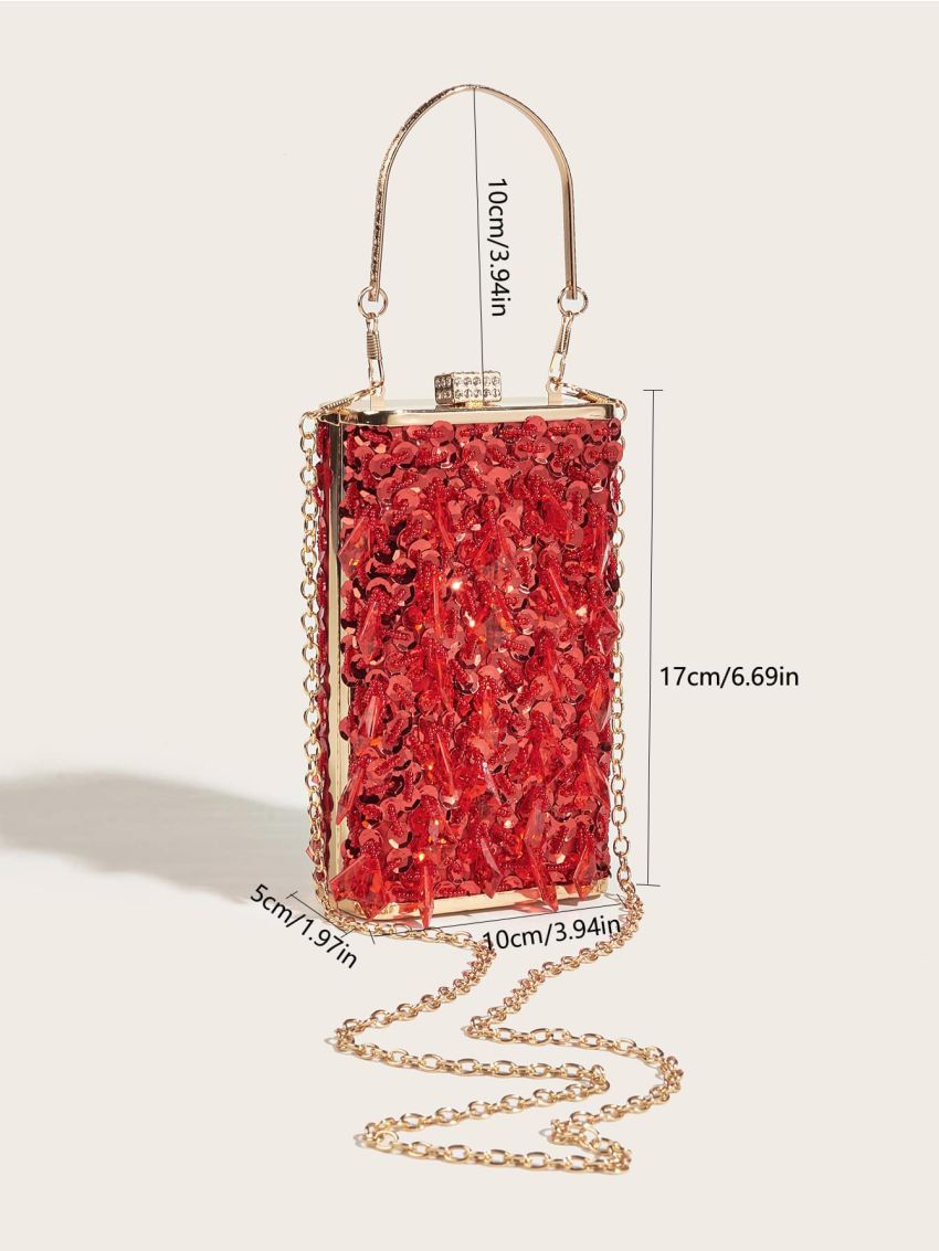 Mini Red Box Bag Sequins Decor Top Handle Glamorous For Party